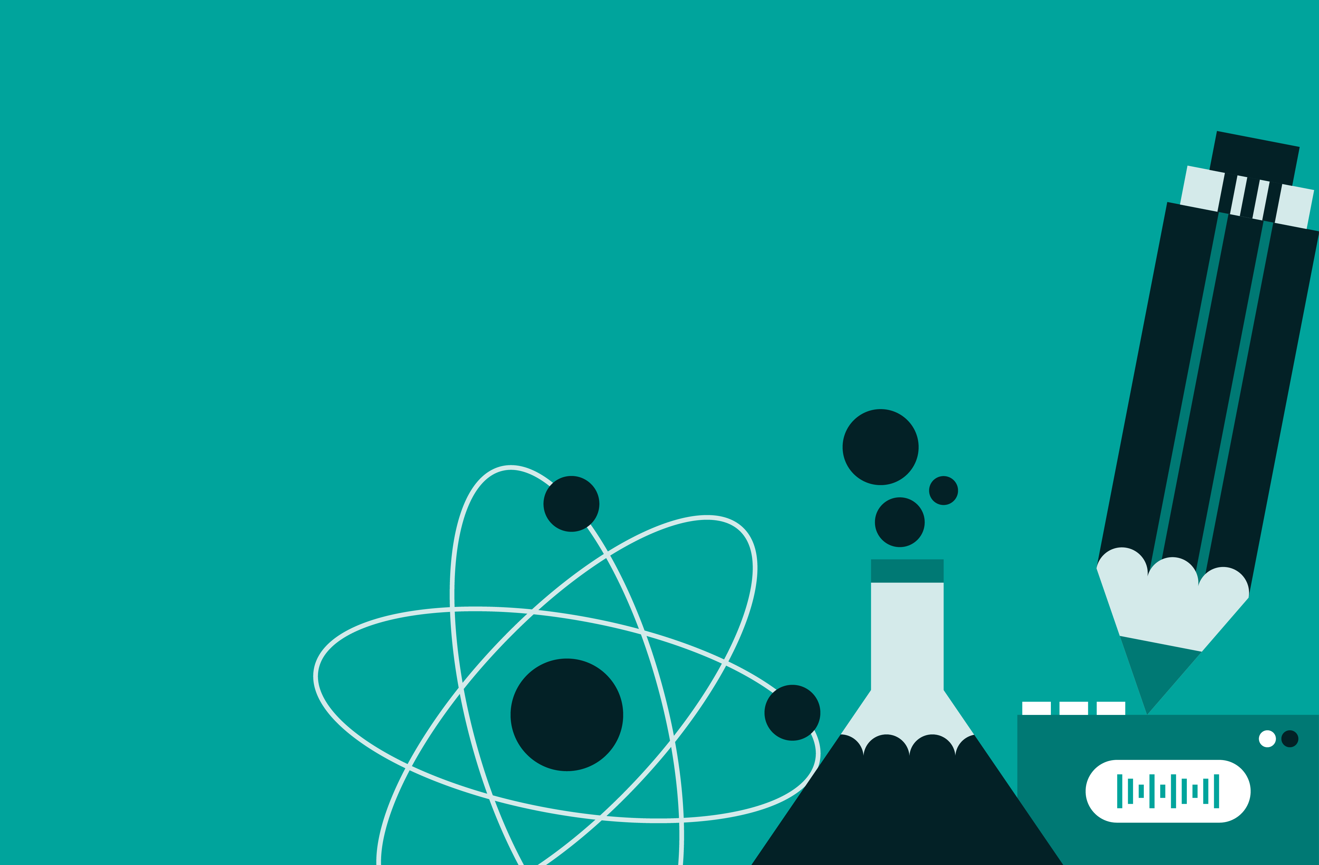 Centro de Innovación - Ilustración con átomo, tubo de ensayo y lápices