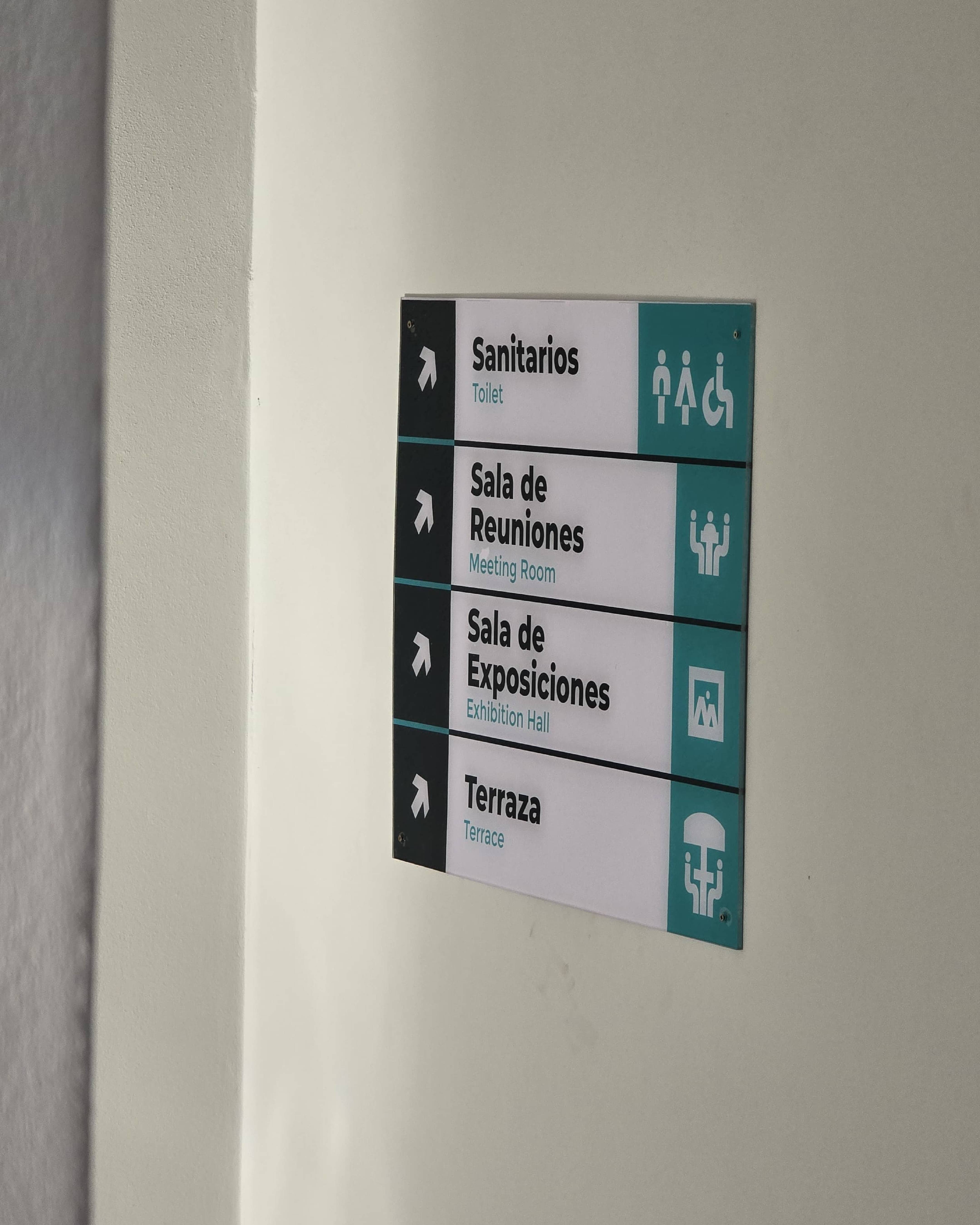 Señalética direccional instalada - Sanitarios, Sala de Reuniones, Exposiciones, Terraza